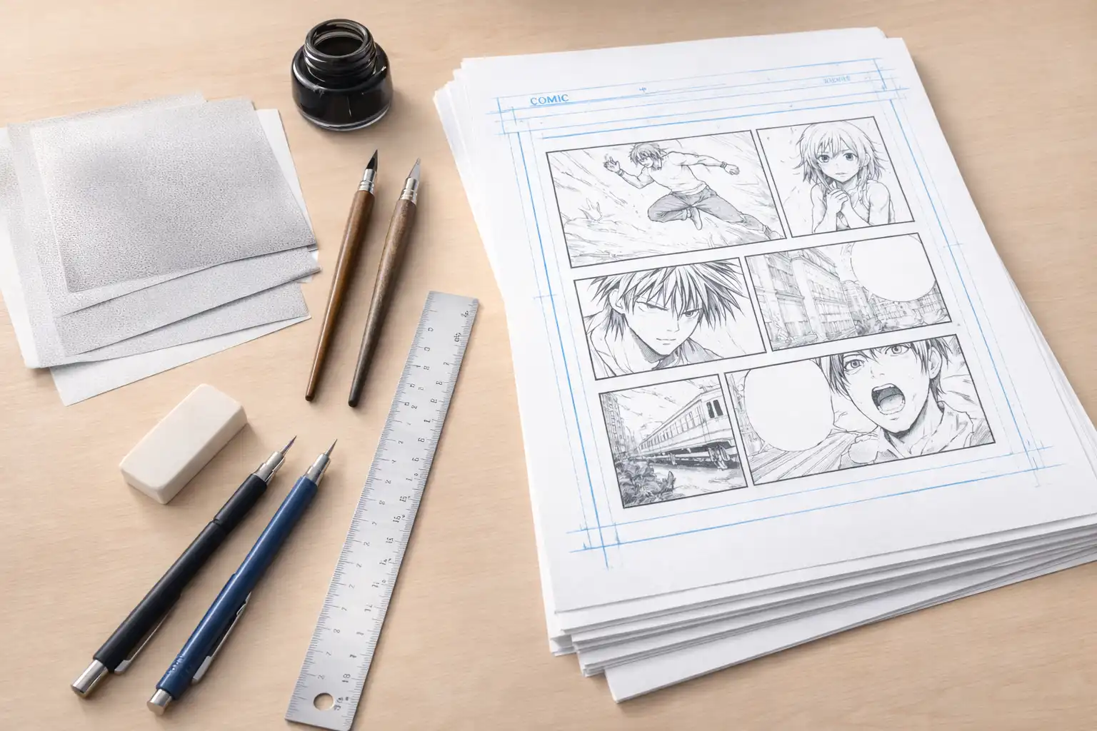 Manga paper comic page with blue layout guides placed beside dip pens, screentone sheets, ruler, eraser, and ink bottle